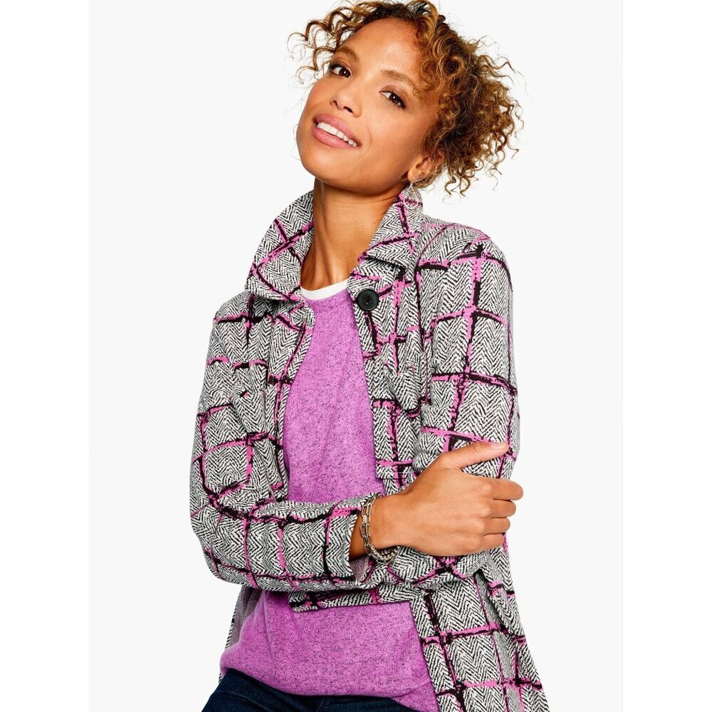 Nic+Zoe Medium Gray Pink Button Up Shirt Jacket Herringbone Modern Design NEW